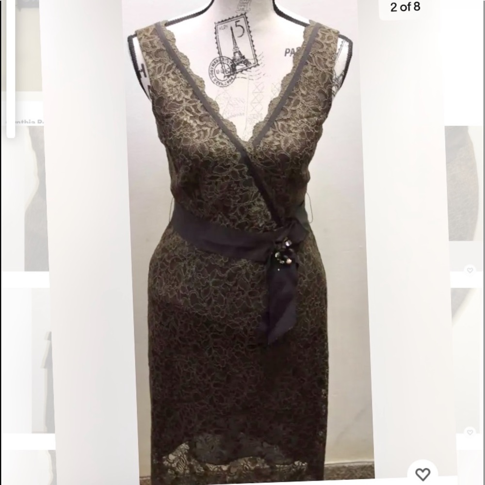 BCBG Women brown Lace Dress WithBeaded Belt Sleeveless Sz 4 Silk